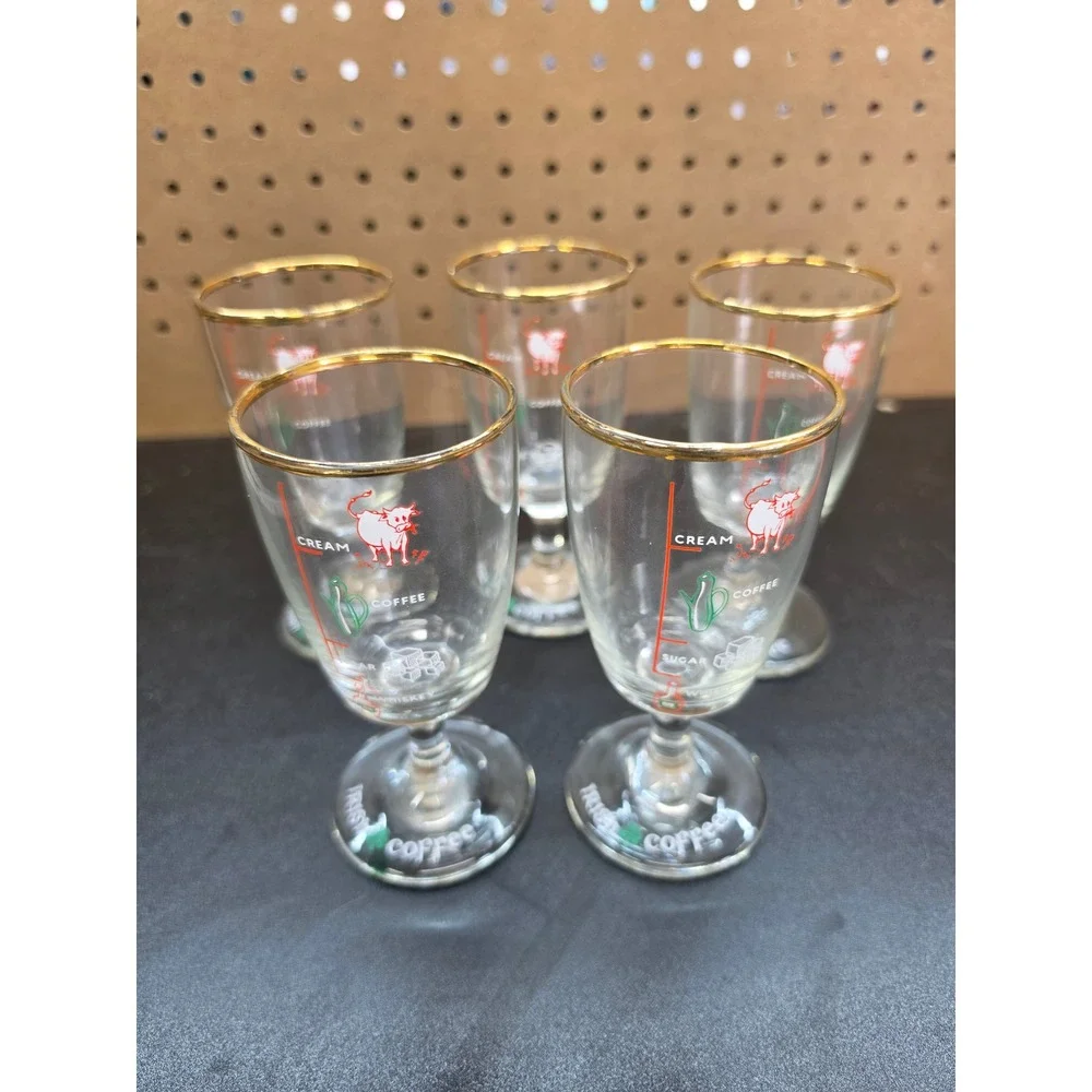 Vintage Irish Coffee Recipe Glasses Set of 5 Gold Rim Footed Goblets Shamrock
